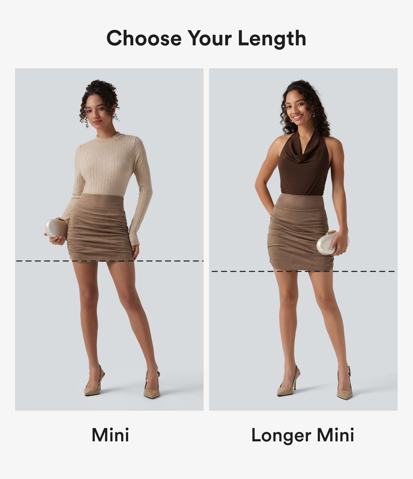 Jupe-short mini moulante taille haute gainante froncée en daim avec ourlet arrondi