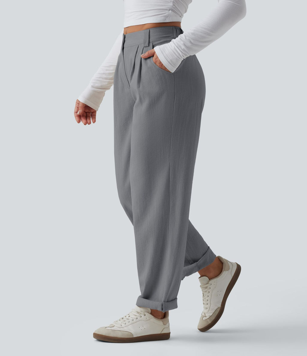 Pantalon décontracté mi-taille effet lin avec poches