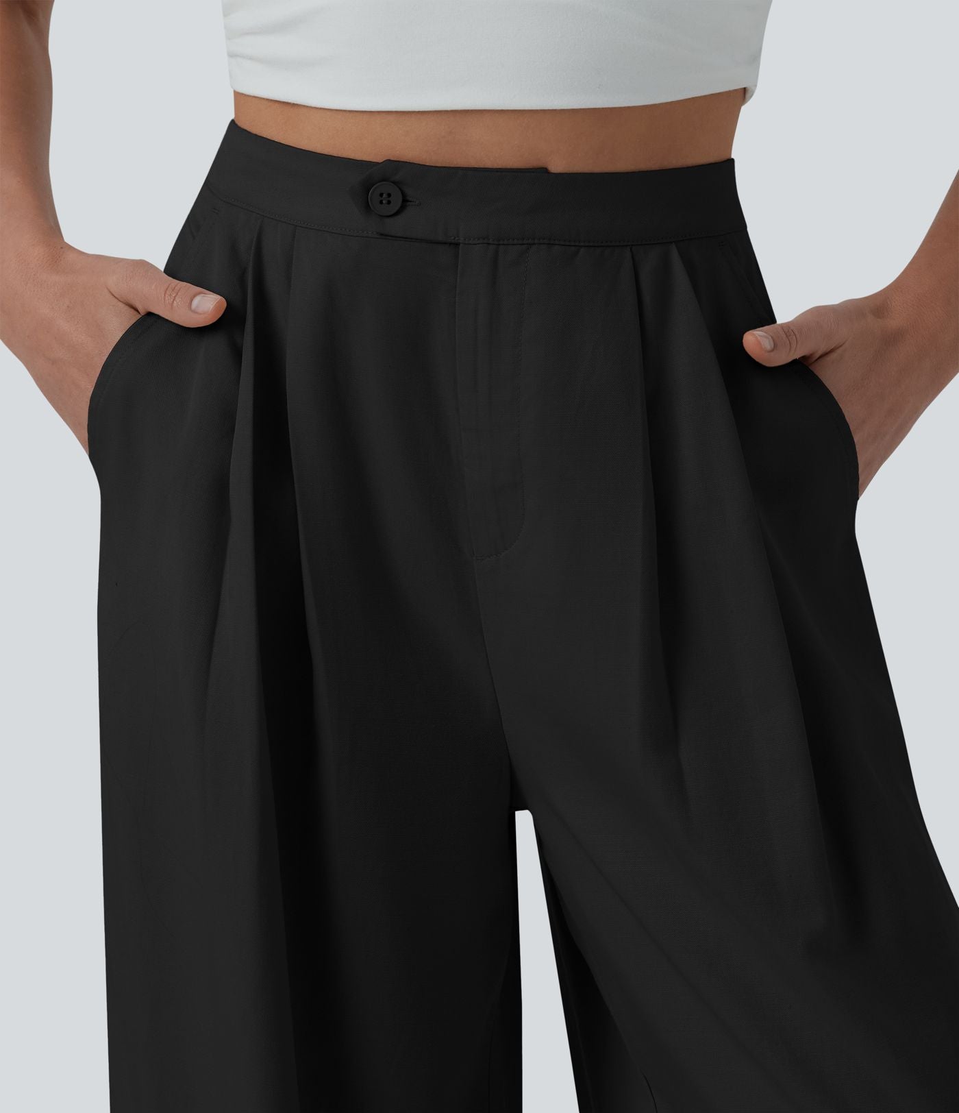 Pantalon large fluide casual taille haute plissé drapé en lin avec poches
