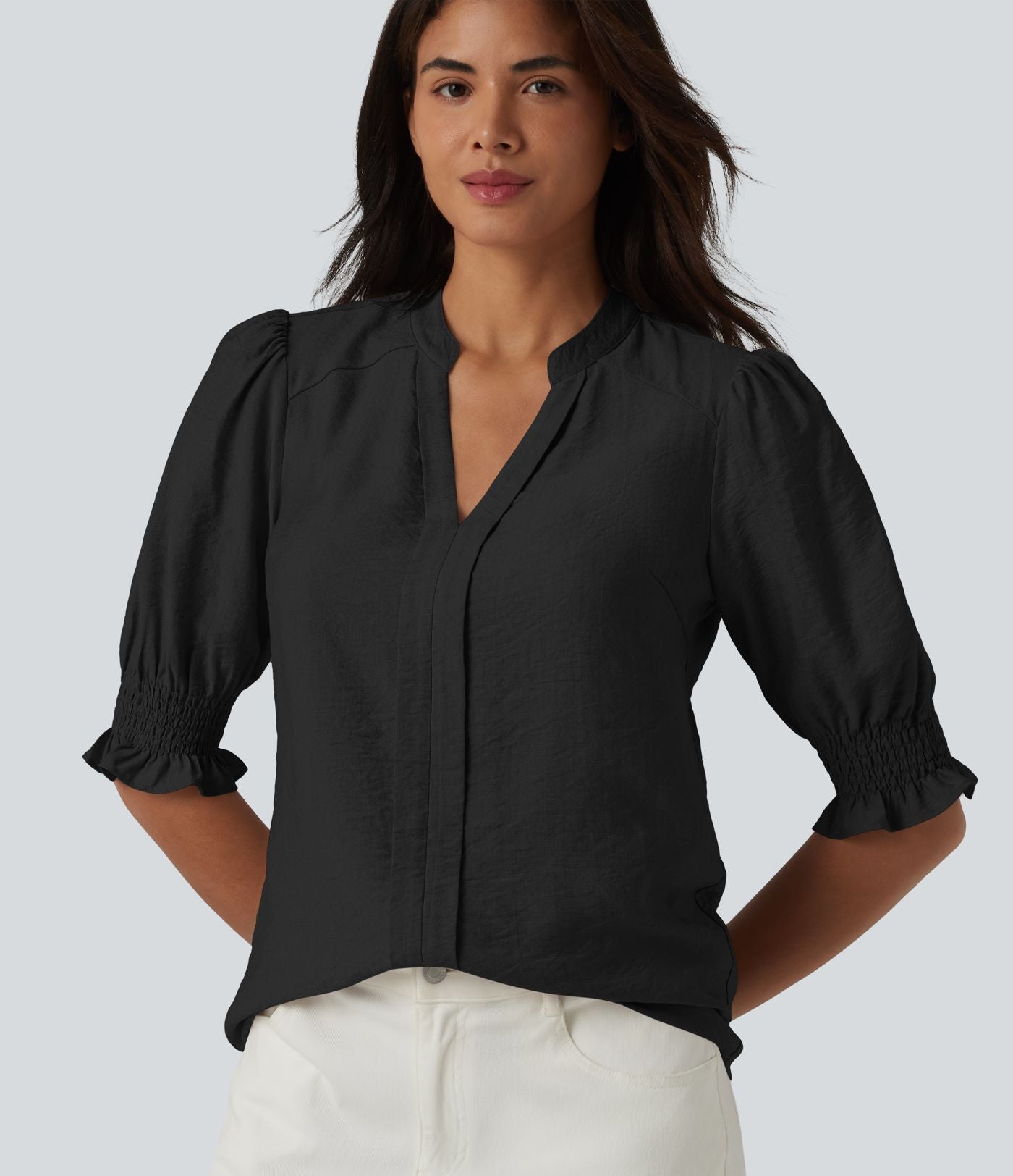 Blouse décontractée à col en V et manches courtes bouffantes