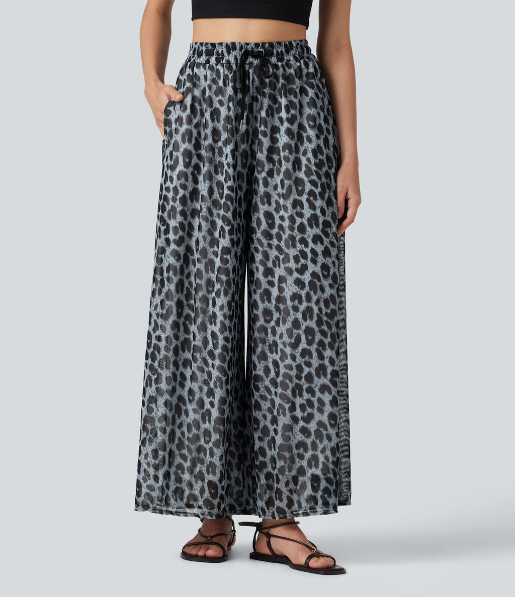 Pantalon léopard décontracté taille haute à cordon de serrage, coupe ample, en maille transparente avec poches