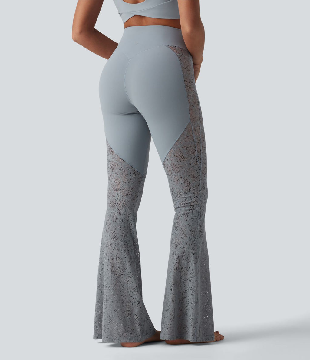 Pantalon de yoga évasé gainant taille haute avec dentelle contrastée et poche Halara UltraSculpt™