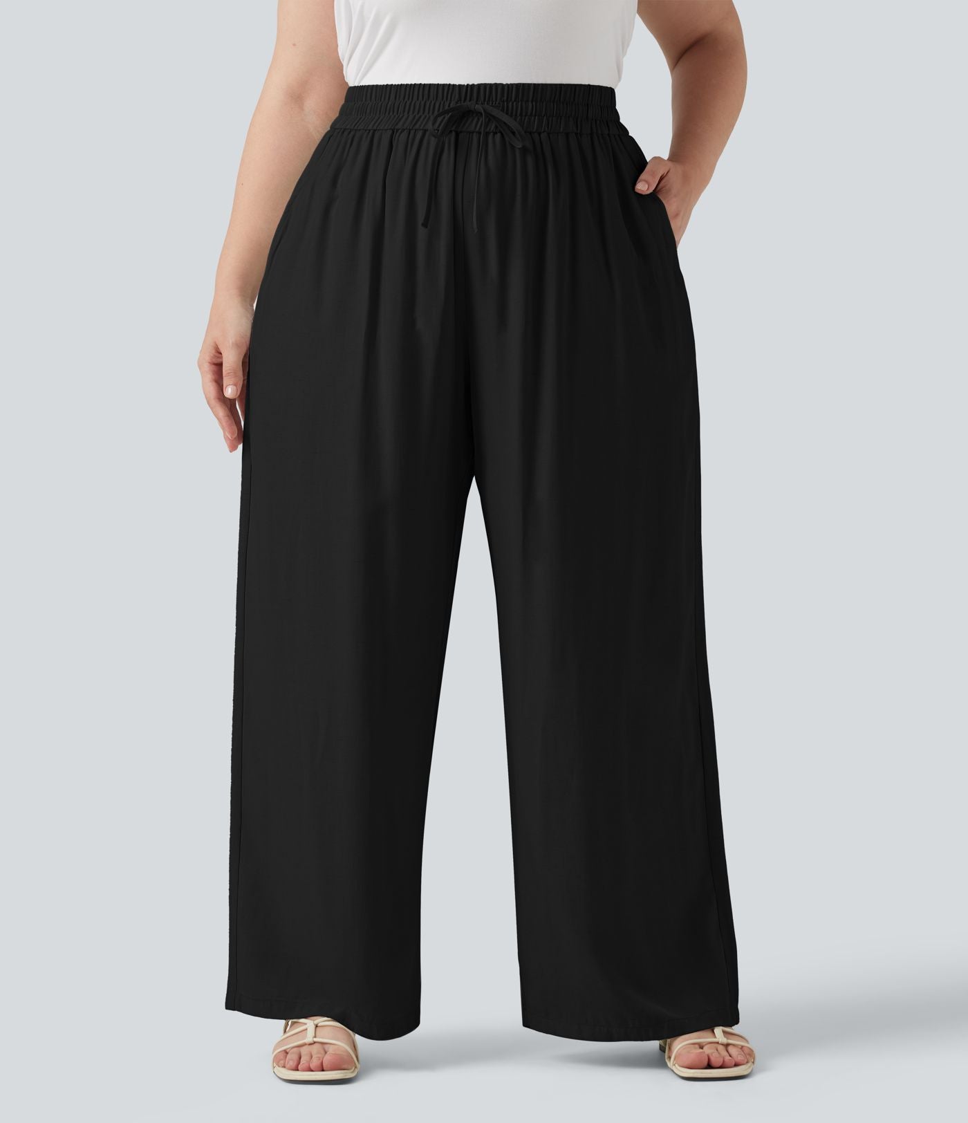 Pantalon large grande taille taille haute avec cordon de serrage et poches