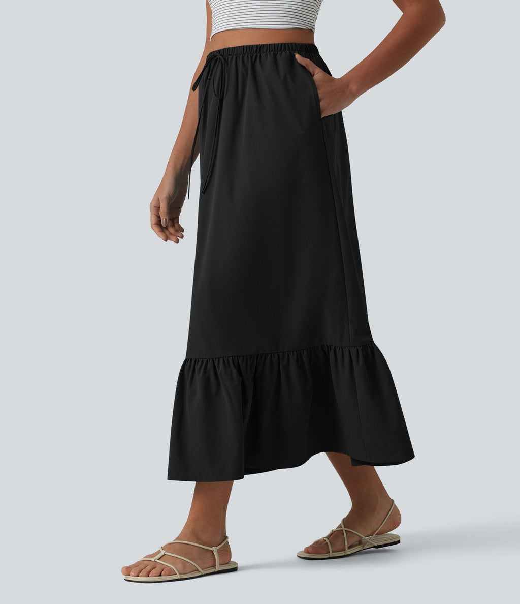 Jupe casual mi-longue évasée en popeline stretch taille haute avec cordon de serrage, ourlet volanté et poches