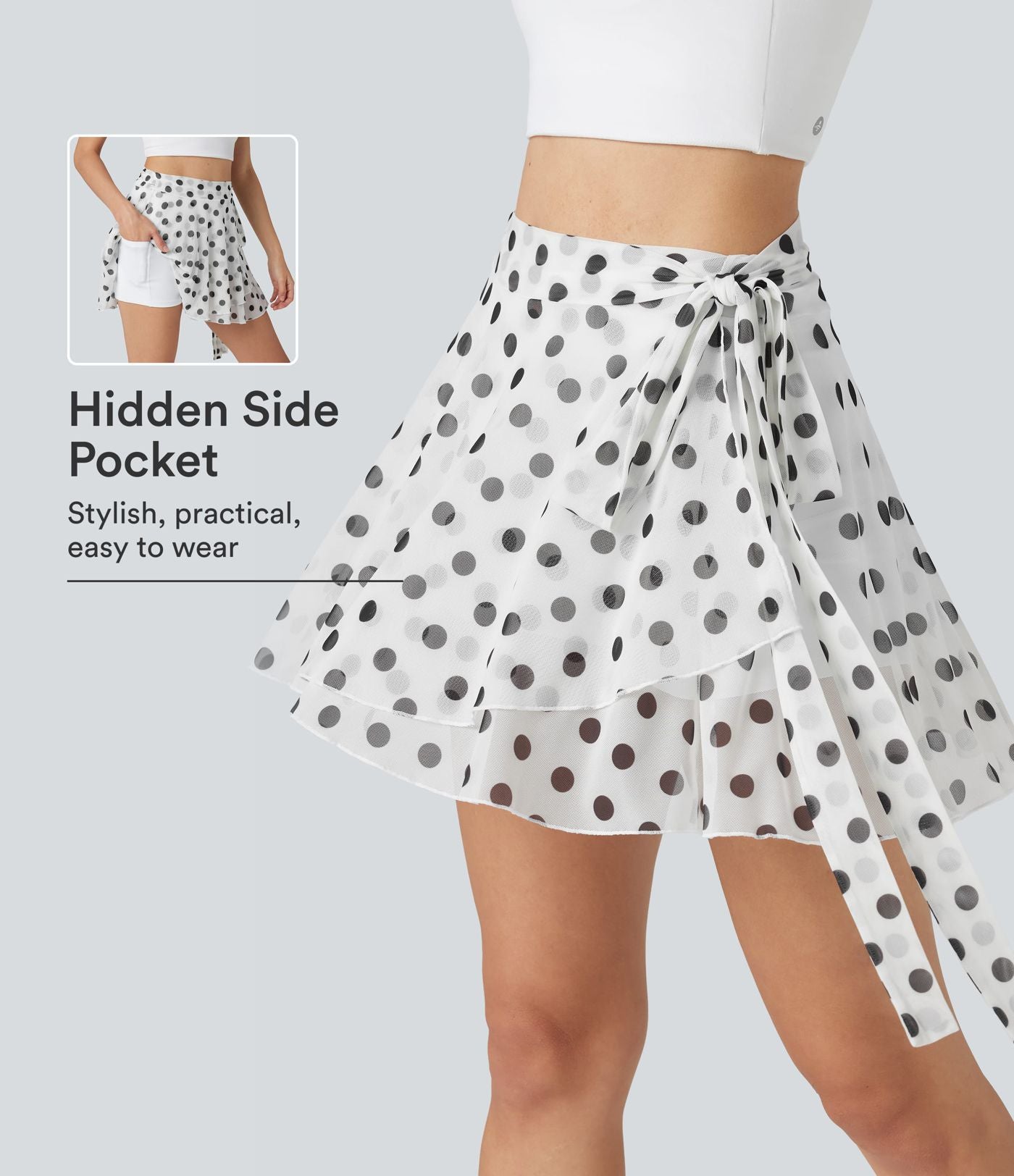 Jupe évasée micro-mini en maille à pois, taille haute, à nouer sur le côté et poche