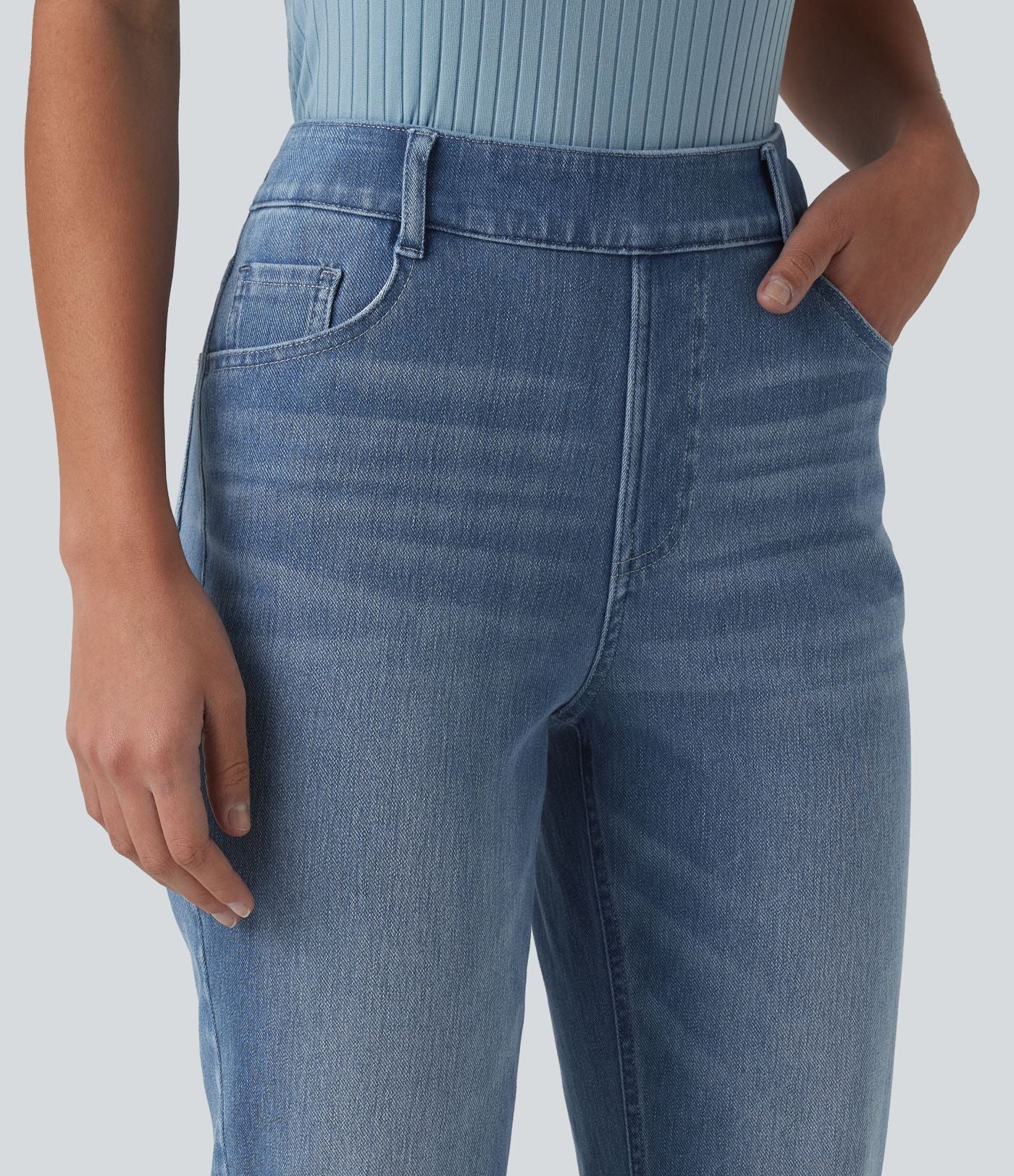 Halara Flex™ Jeans bootcut Casual Taille Haute Multiples Poches Lavés Élastiques et Tricotés Coupe