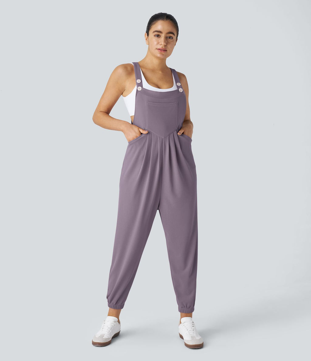 Salopette Casual Bretelles Ajustables Boutonnés Multiples Poches Plis et Tissu Gaufré
