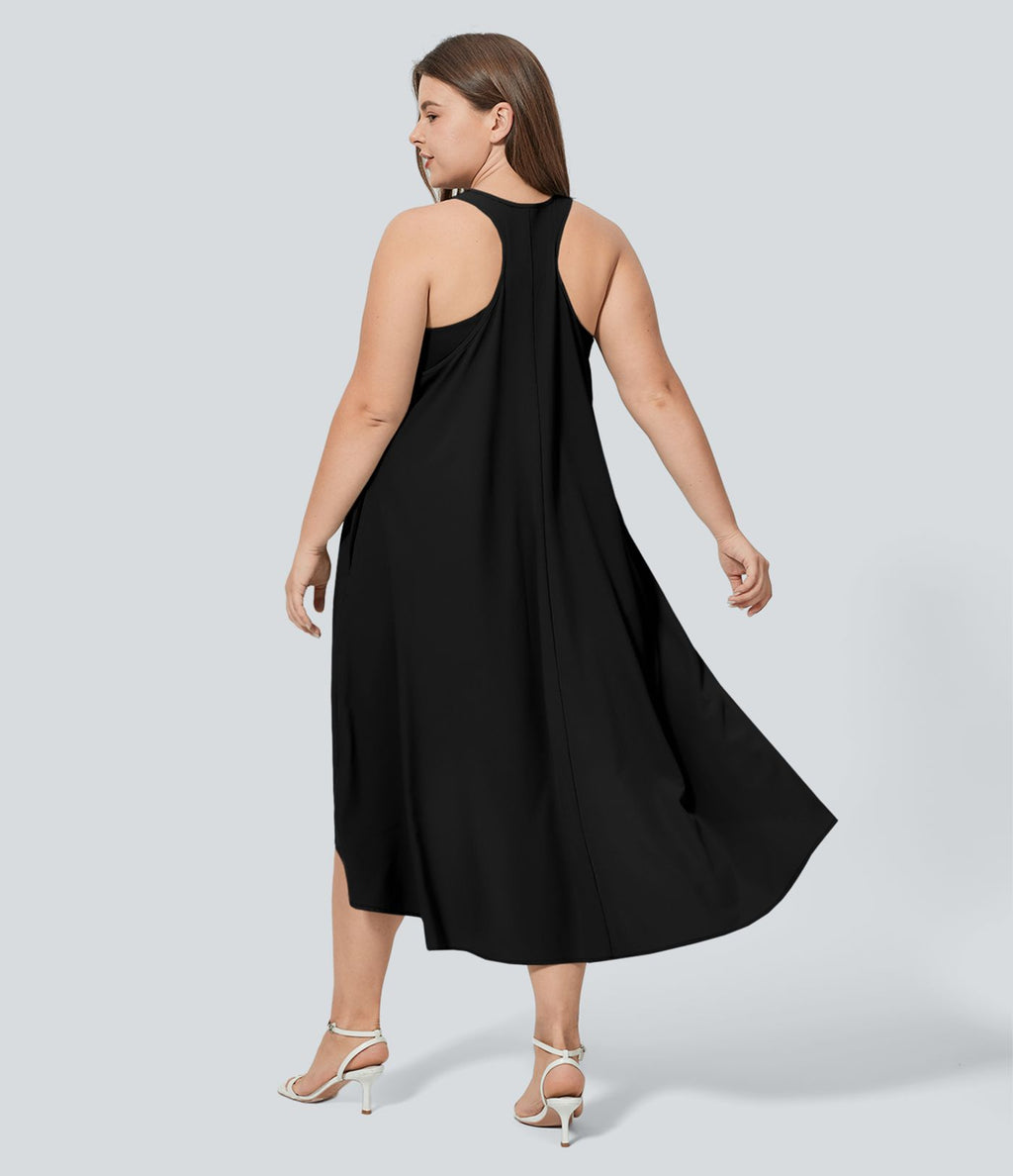 Breezeful™ Dos Nu Racerback Poche Latérale Haut Bas Fluide Midi Séchage Rapide Décontracté Robe Grande Taille