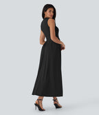 Robe longue décontractée sans manches à col montant, coupe évasée et poches latérales
