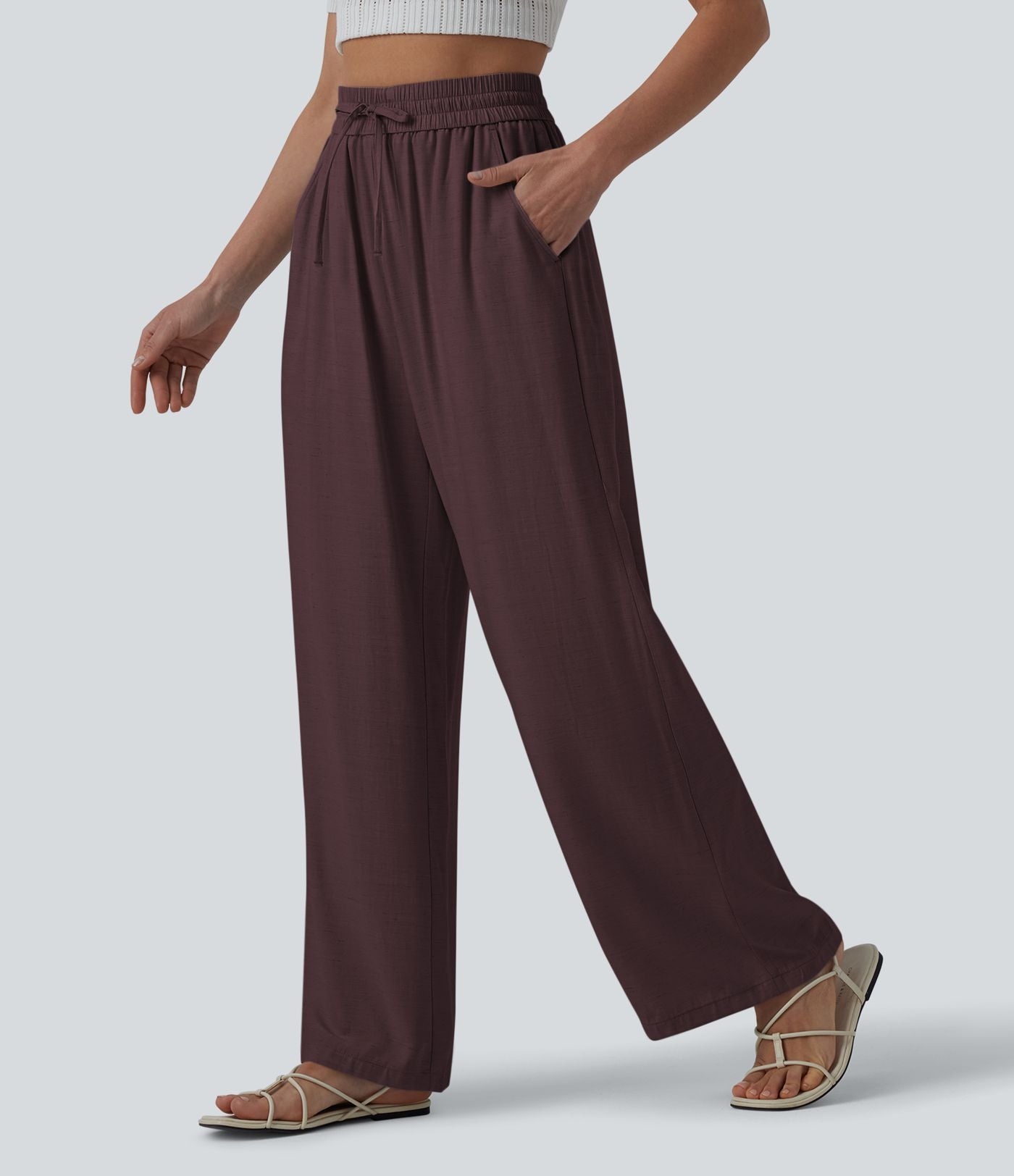 Pantalon casual large mélange lin taille haute avec cordon de serrage et poches