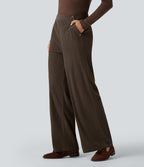 Pantalon décontracté droit en velours côtelé, taille haute, avec poches