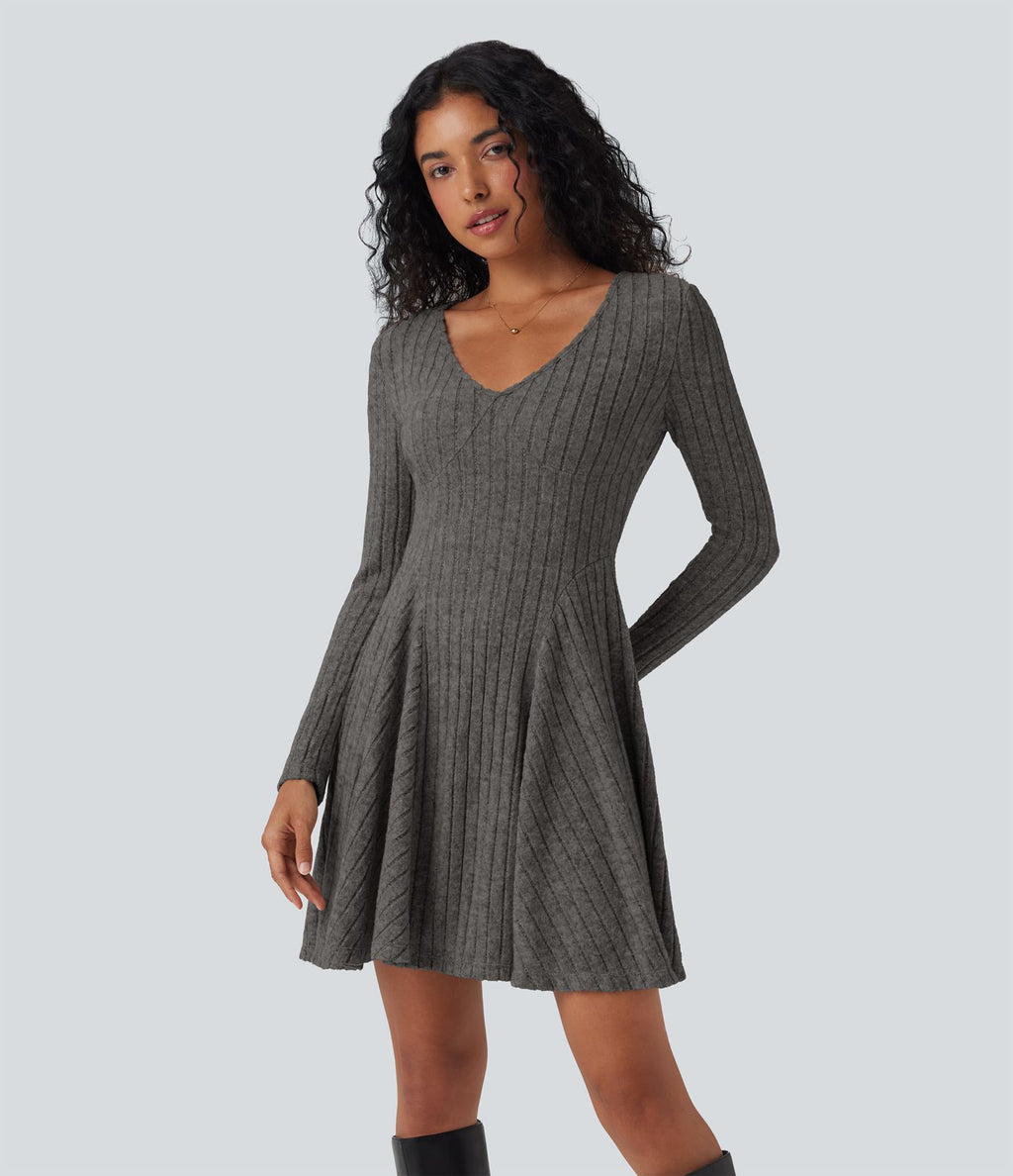 Robe décontractée mini évasée maille côtelée col V manches longues