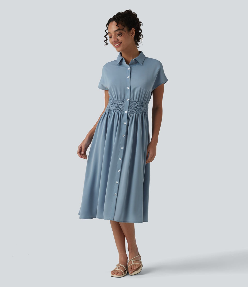 Robe-chemise midi défroissage facile avec manches courtes