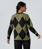 Pull de travail carreaux losange col rond manches longues