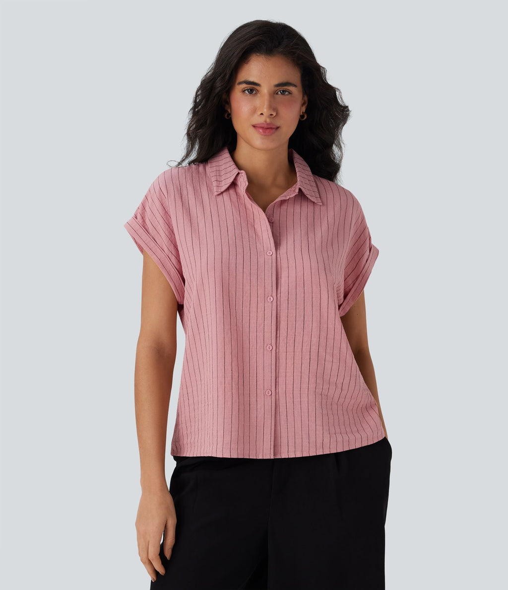 Chemise à col, manches courtes, rayures, boutonnage et aspect lin pour le travail