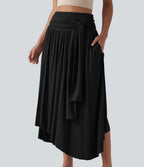 Jupe midi fluide casual gainante côtelée taille haute à nœuds latéraux et ourlet asymétrique avec poches