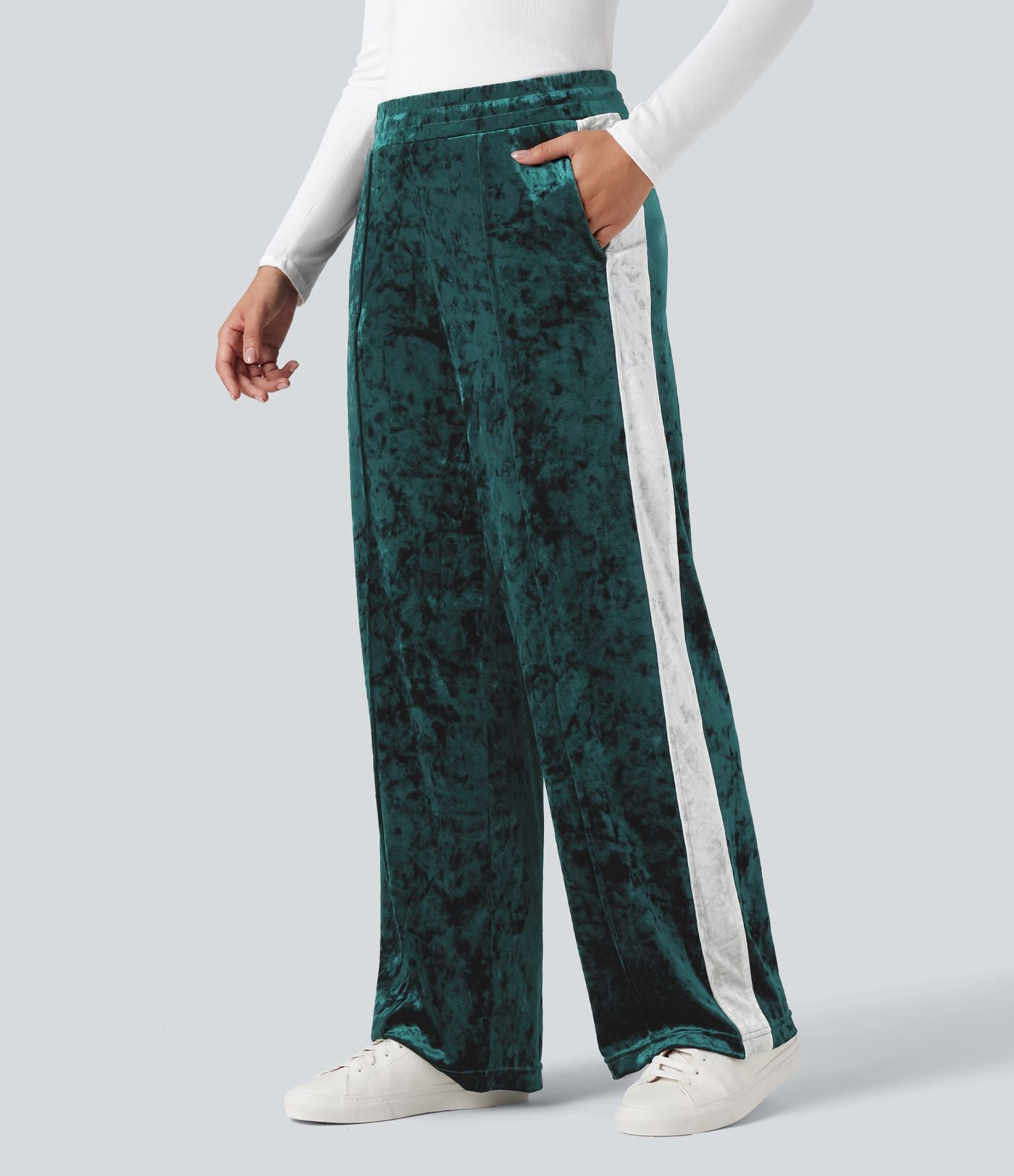 Pantalon velours coupe droite color block taille mi-haute avec cordon de serrage et poches