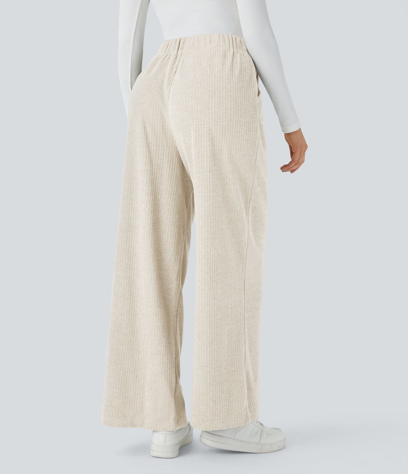 Pantalon décontracté large côtelé, taille haute, avec poches