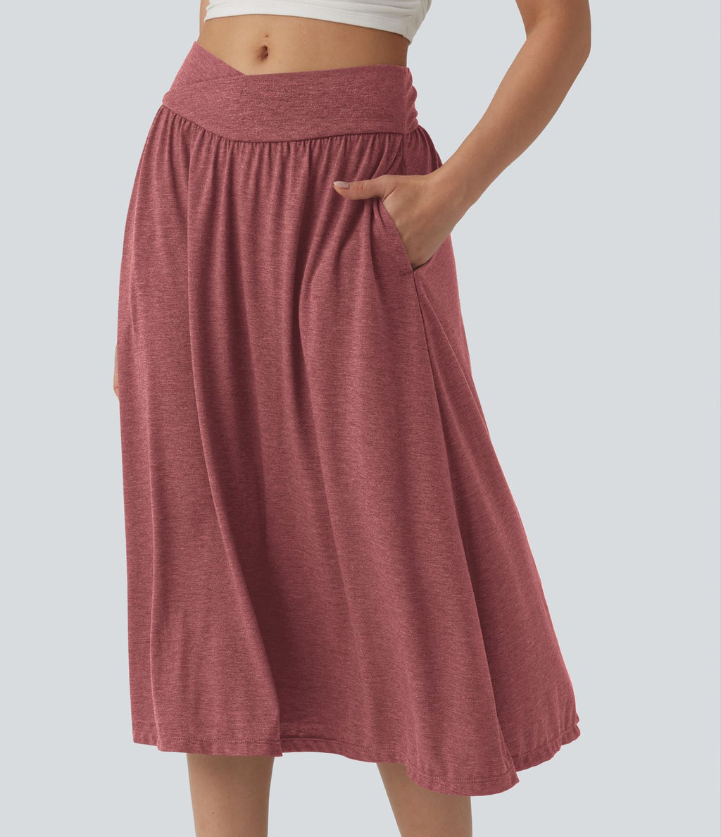 Jupe midi casual fluide croisée taille haute avec poches