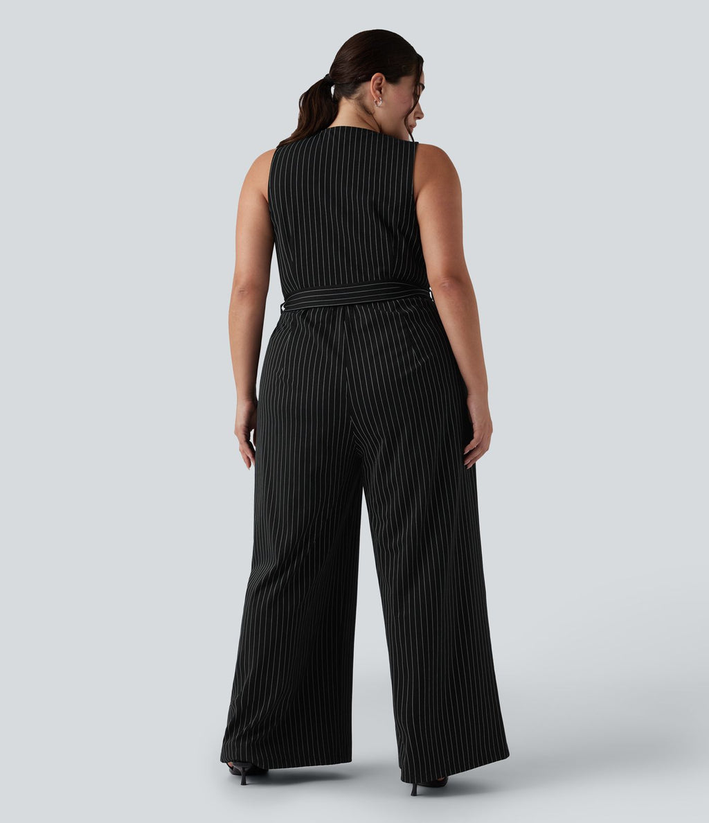 Combinaison grande taille col V sans manches ceinturée à rayures effet frais InstantCool avec poches, accès facile Easy Peasy