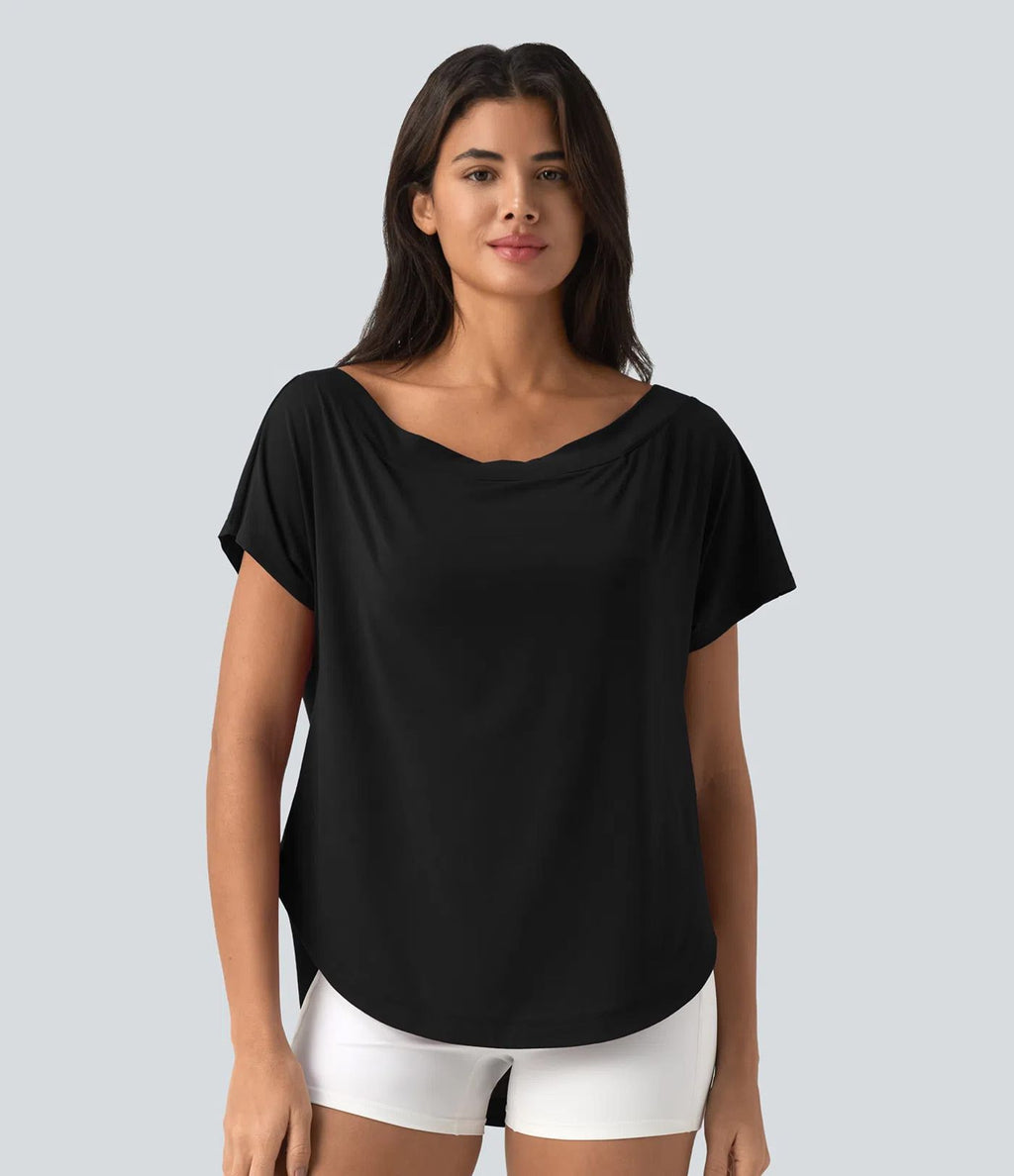 Top de sport yoga asymétrique à épaule dénudée manches courtes ourlet arrondi et coupe asymétrique à séchage rapide – Soutien-gorge intégré
