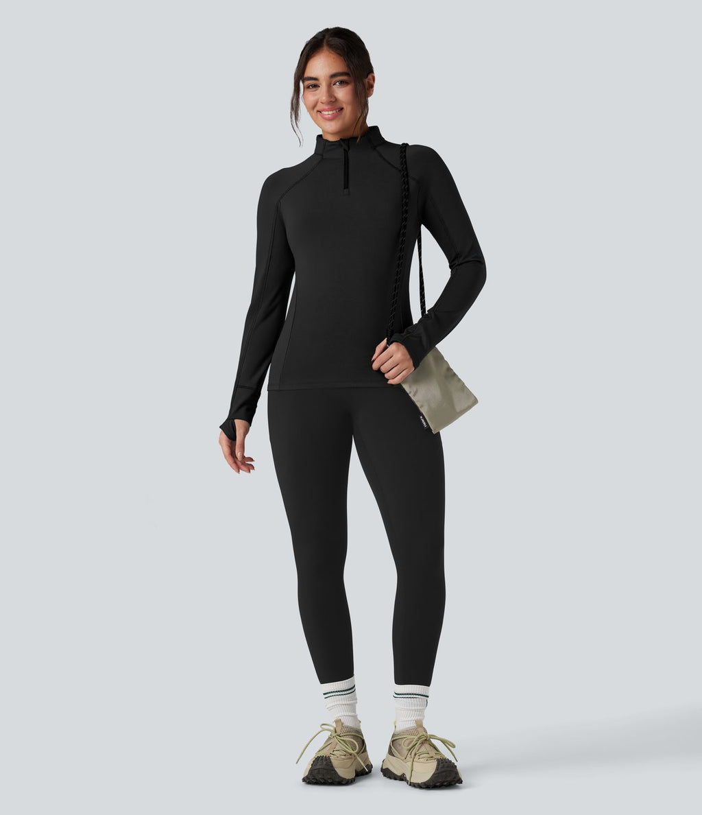 Top de sport randonnée polaire col montant demi-zip manches longues avec trous pouces