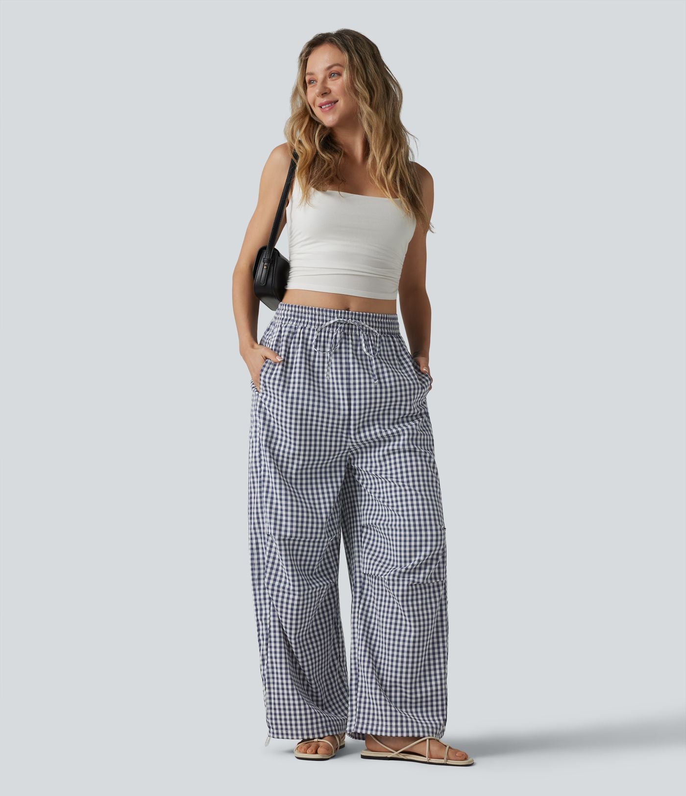 Pantalon ample décontracté à carreaux vichy, taille mi-haute, cordon de serrage et poches