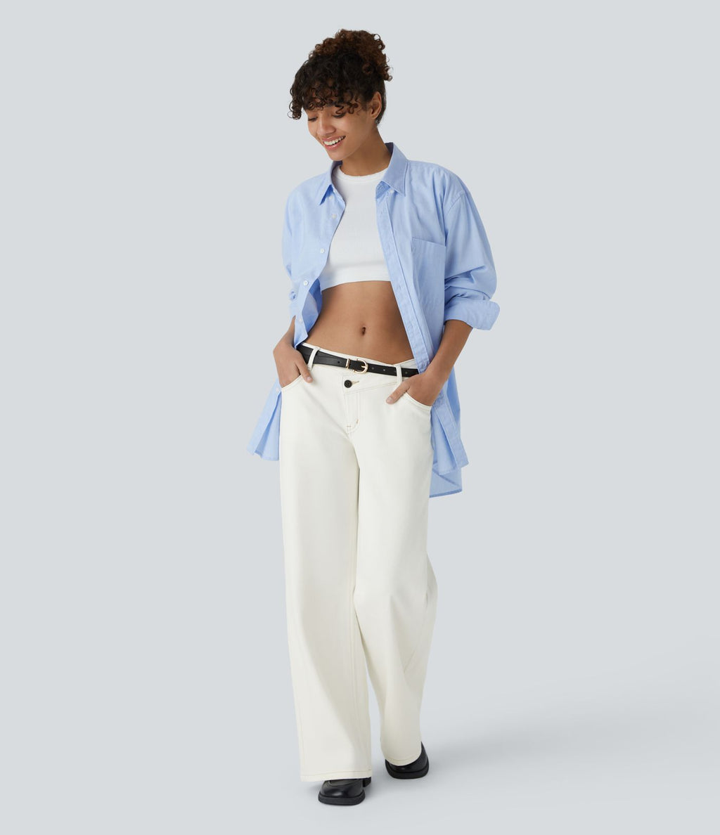 Halara Flex™ Jean large asymétrique taille basse avec bouton, fermeture éclair et poches multiples, délavé et extensible en maille