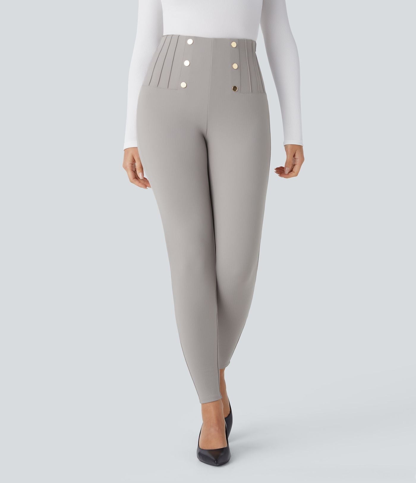 Pantalon tailleur skinny gainant taille haute à chevrons avec poches arrière zippées décoratives
