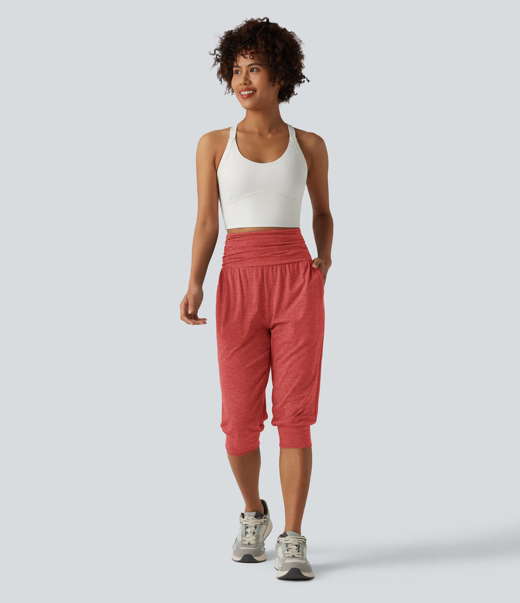 Jogging yoga corsaire chiné taille haute à fronces avec poches