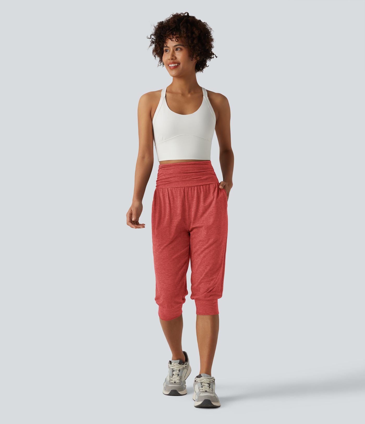 Jogging yoga corsaire chiné taille haute à fronces avec poches
