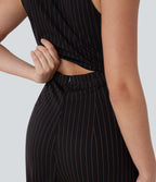 Combinaison tailleur sans manches à col V, ceinturée, avec zip invisible, rayures et effet frais avec poches, accès facile Easy Peasy
