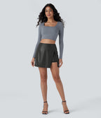 Softlyzero™ Jupe Soirée Mini à Effet Cuir Taille Haute Ourlet Fendu 2-en-1 Poche Côté Imprimé Métallisé Élastique Moulante