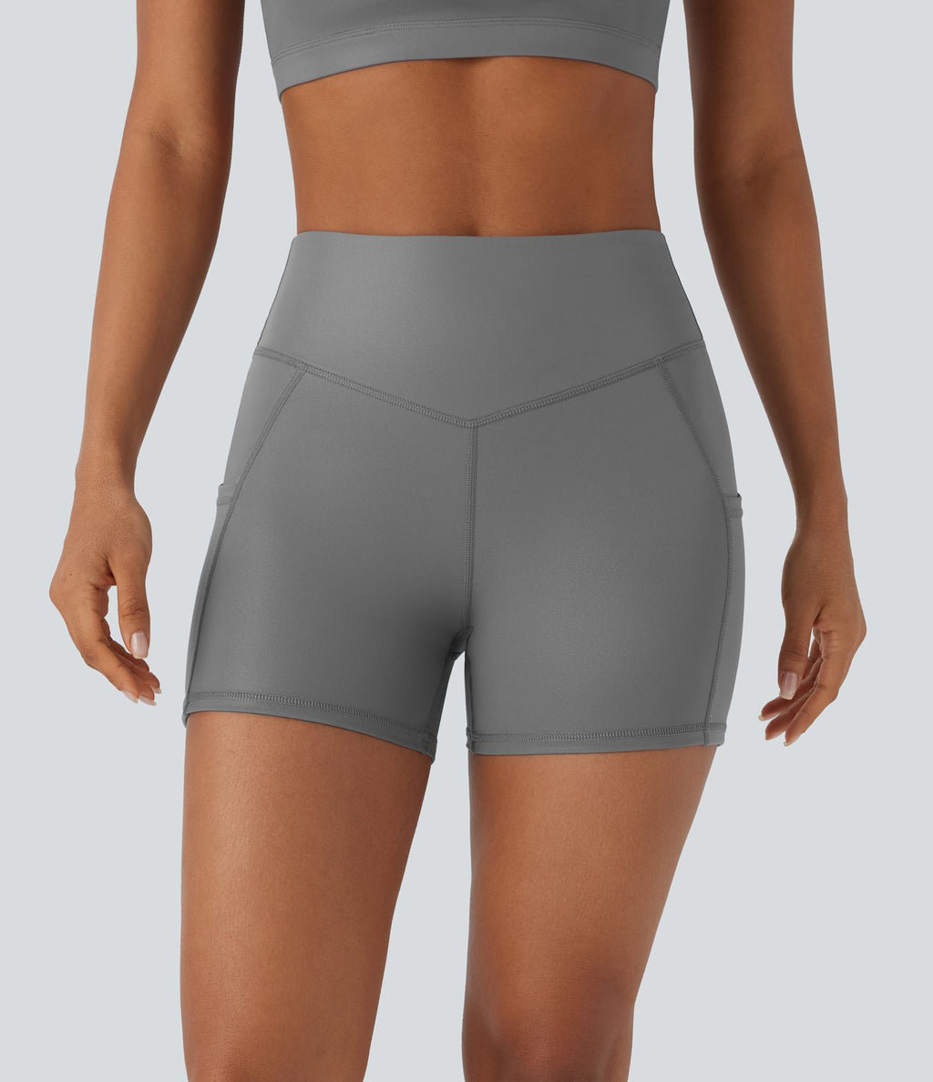 Short cycliste de yoga en similicuir à taille haute avec poches latérales 10 cm
