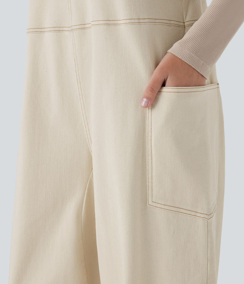 Salopette décontractée Halara Flex™ en denim extensible délavé, col V et poches latérales