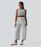 Jogging casual taille haute coupe barrel color block surpiqûres avec poches
