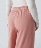 Pantalon décontracté grande taille large en maille gaufrée, taille haute, avec poches