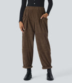 Pantalon décontracté en velours côtelé, taille haute, avec poches