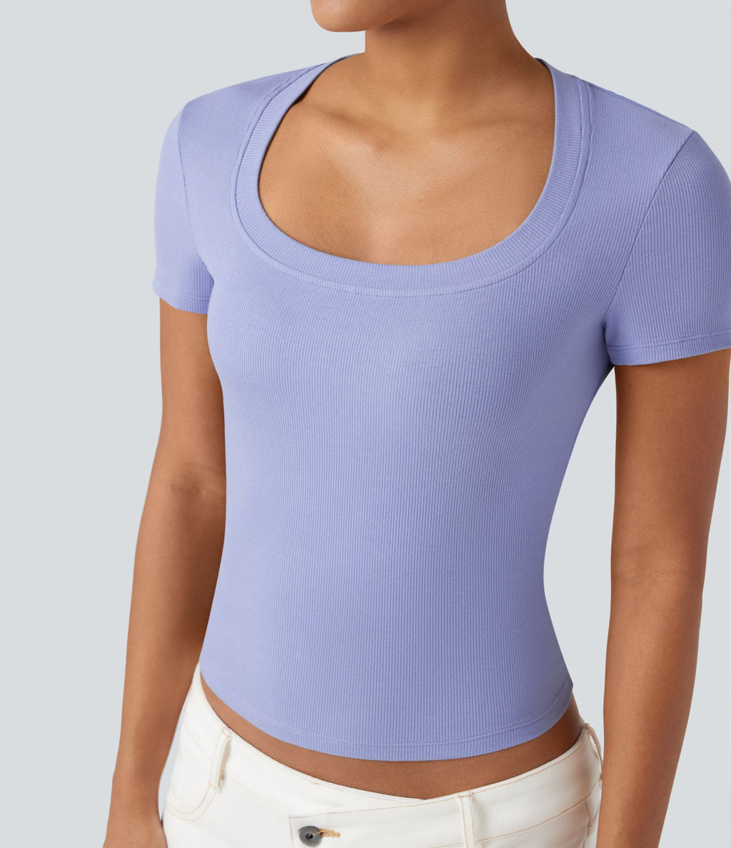 T-shirt décontracté maille côtelée manches courtes
