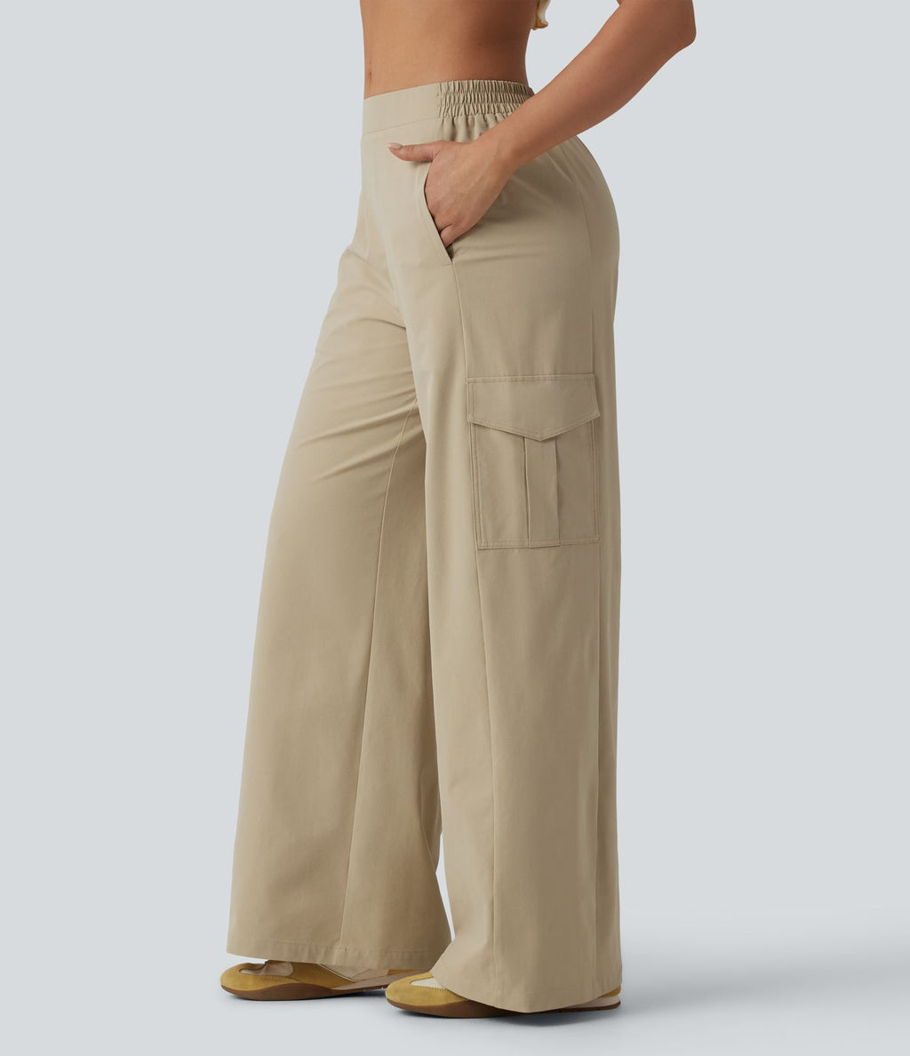 Pantalon cargo décontracté en popeline stretch taille mi-haute, coupe jambe large avec poches