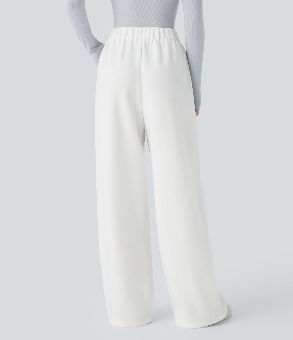 Pantalon Jogging Thermique Taille Haut Jambes Larges Poche Latérale Plissée en Fleece