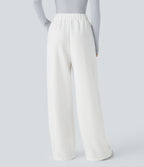 Pantalon Jogging Thermique Taille Haut Jambes Larges Poche Latérale Plissée en Fleece