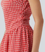 Robe midi décontractée à carreaux vichy, col bateau, sans manches, avec poches