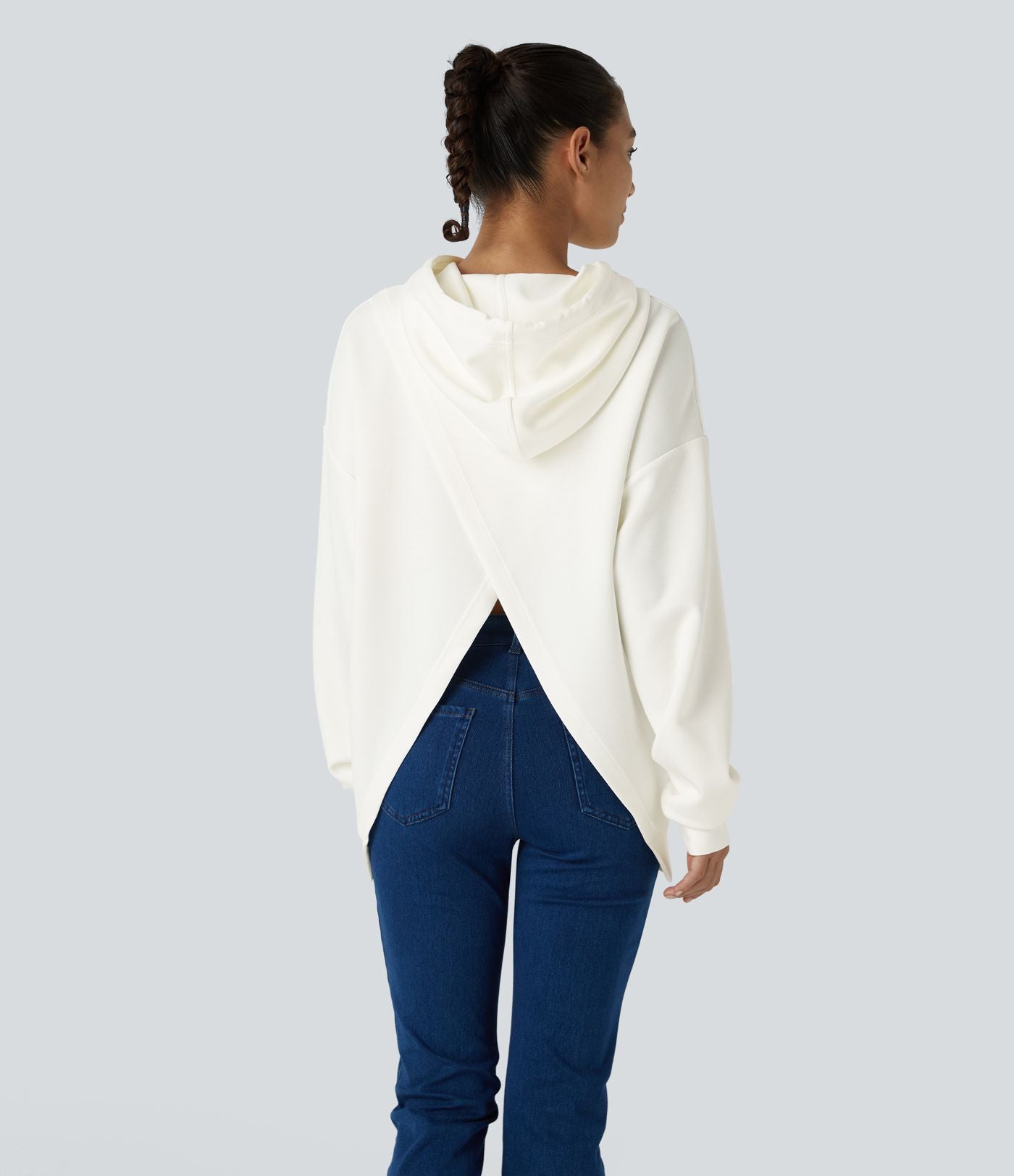Sweat-shirt décontracté à capuche avec cordon de serrage, manches longues, poche kangourou, coupe croisée et fente