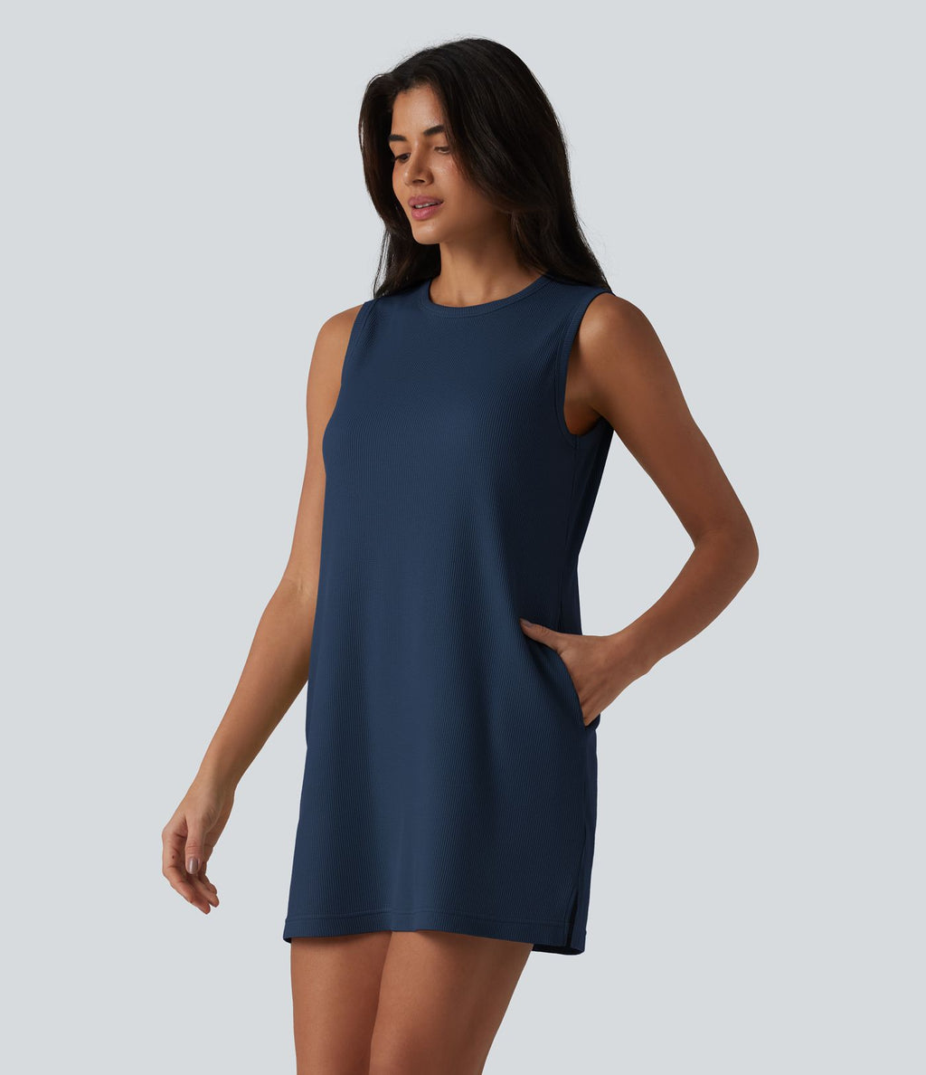 Robe mini gaufrée en coton col rond sans manches avec poches