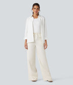 Pantalon décontracté large effet lin taille haute infroissable avec cordon et poches