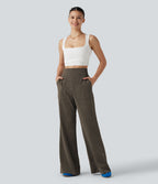 Pantalon flare taille haute effet lin avec poches