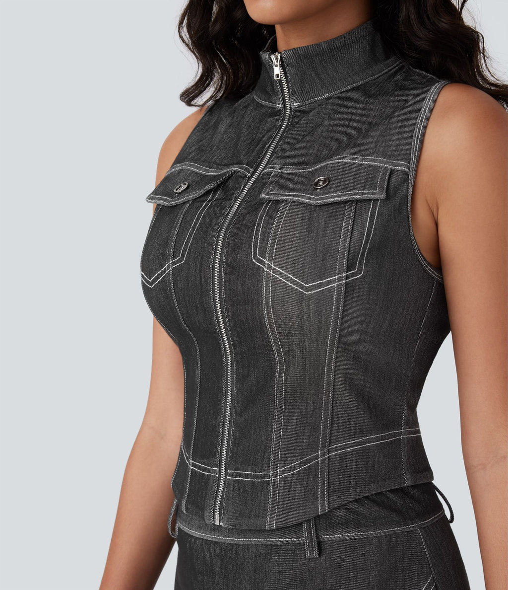 Débardeur de tennis Halara Flex™ en denim stretch délavé avec col montant, fermeture éclair et effet frais InstantCool