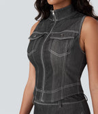 Débardeur de tennis Halara Flex™ en denim stretch délavé avec col montant, fermeture éclair et effet frais InstantCool