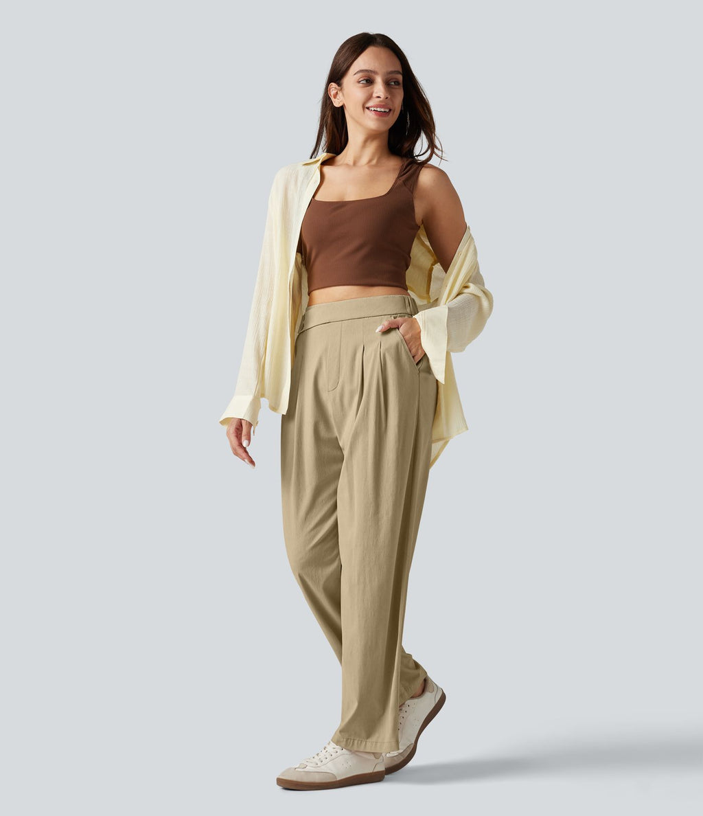 Pantalon décontracté fuselé taille haute en lin stretch avec poches